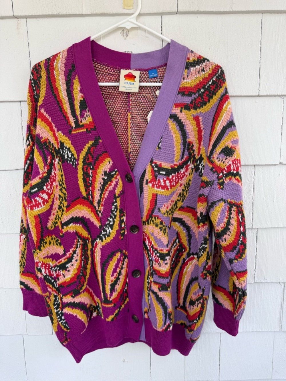 Anthropologie FARM Rio Banana Print Colorblock Button Down Cardigan Sweater NWT - Picture 4 of 13